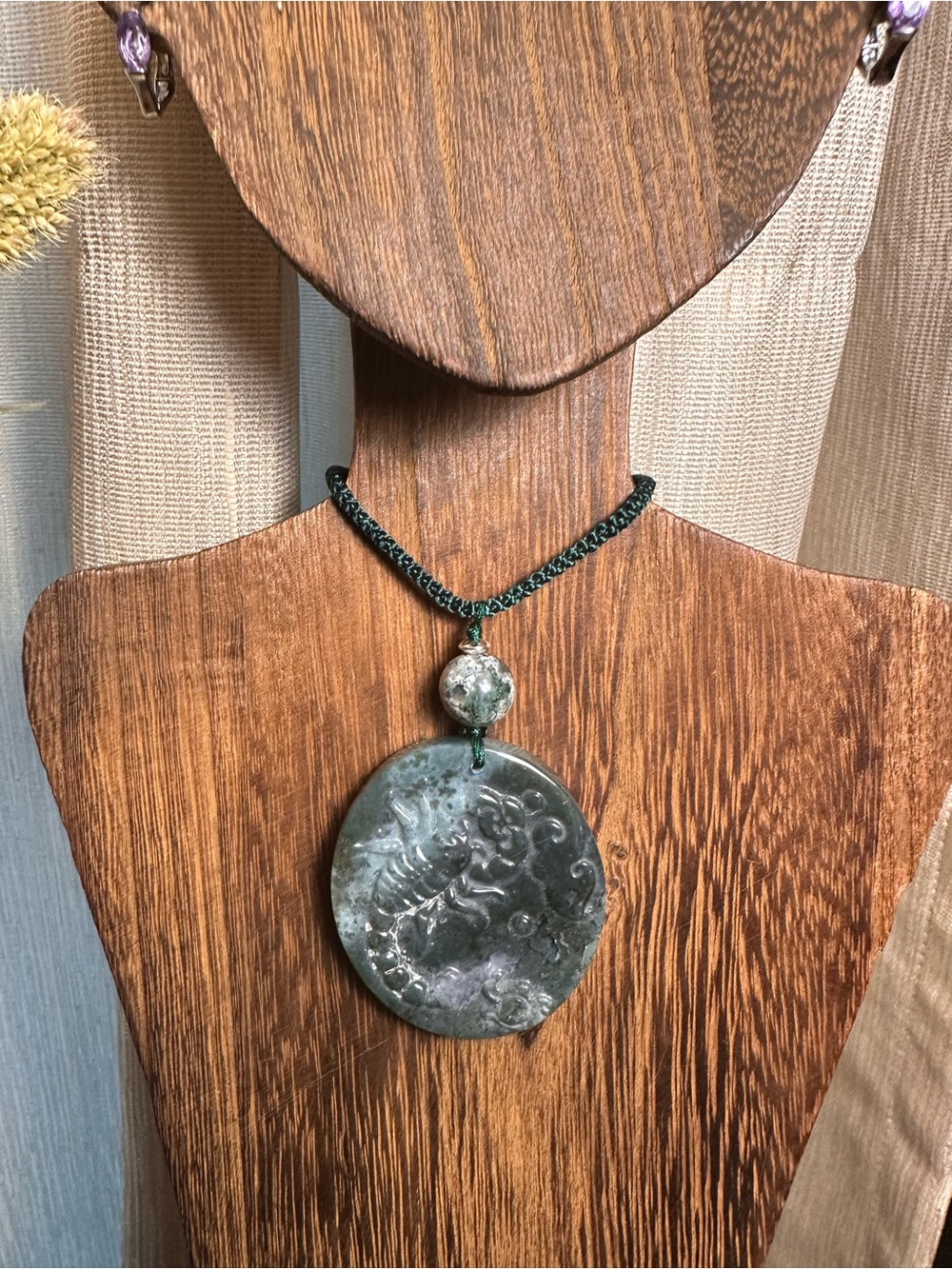 Moss Agate Scorpion Pendant Necklace on Green Rope - Picture 5 of 13